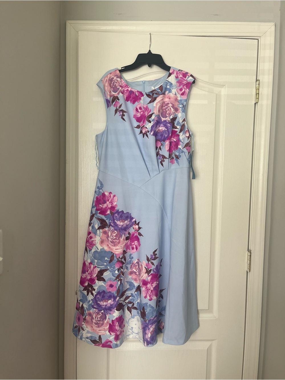 London Times Light Blue Floral Midi Dress with Pink & Purple Blooms